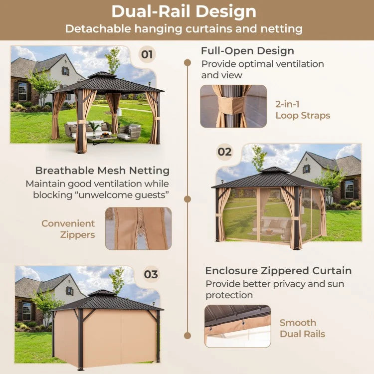 10 x 10 Feet Double-Roof Patio Hardtop Gazebo with Galvanized Steel Roof Netting and Curtains