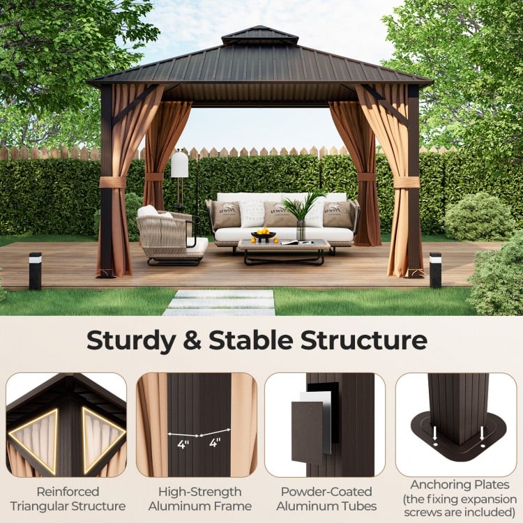 10 x 10 Feet Double-Roof Patio Hardtop Gazebo with Galvanized Steel Roof Netting and Curtains