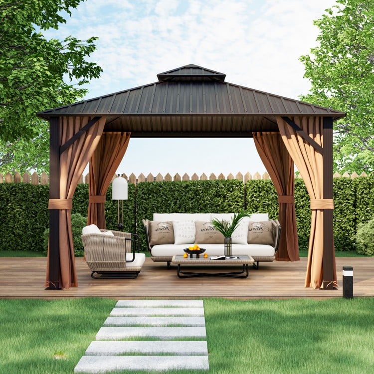 10 x 10 Feet Double-Roof Patio Hardtop Gazebo with Galvanized Steel Roof Netting and Curtains