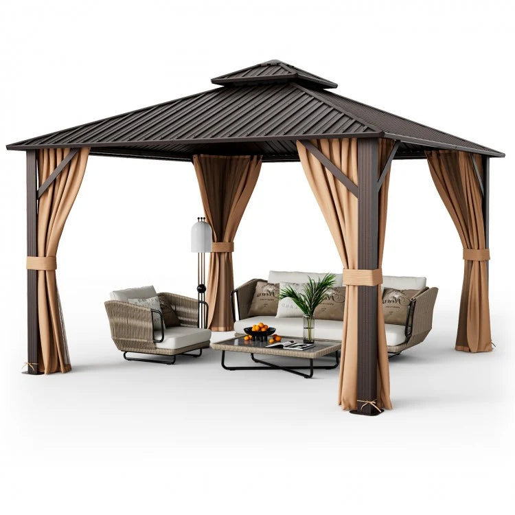10 x 10 Feet Double-Roof Patio Hardtop Gazebo with Galvanized Steel Roof Netting and Curtains