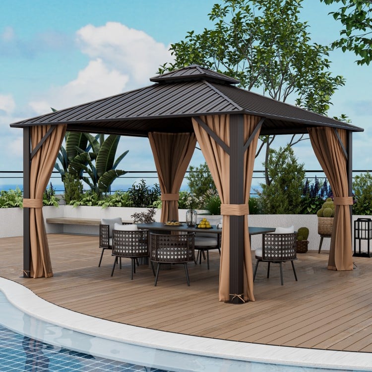 10 x 10 Feet Double-Roof Patio Hardtop Gazebo with Galvanized Steel Roof Netting and Curtains