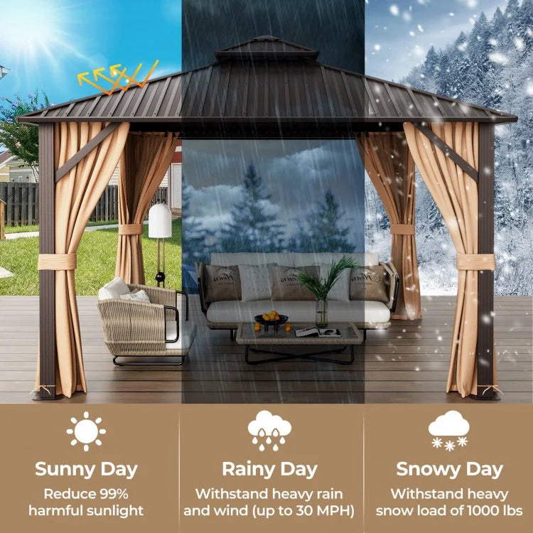 10 x 10 Feet Double-Roof Patio Hardtop Gazebo with Galvanized Steel Roof Netting and Curtains