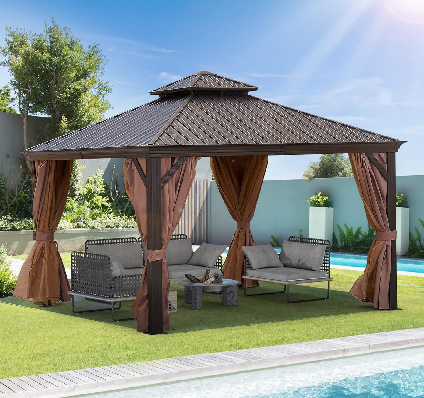 10x12 ft Aluminium Patio Hardtop Gazebo with Curtain And Net