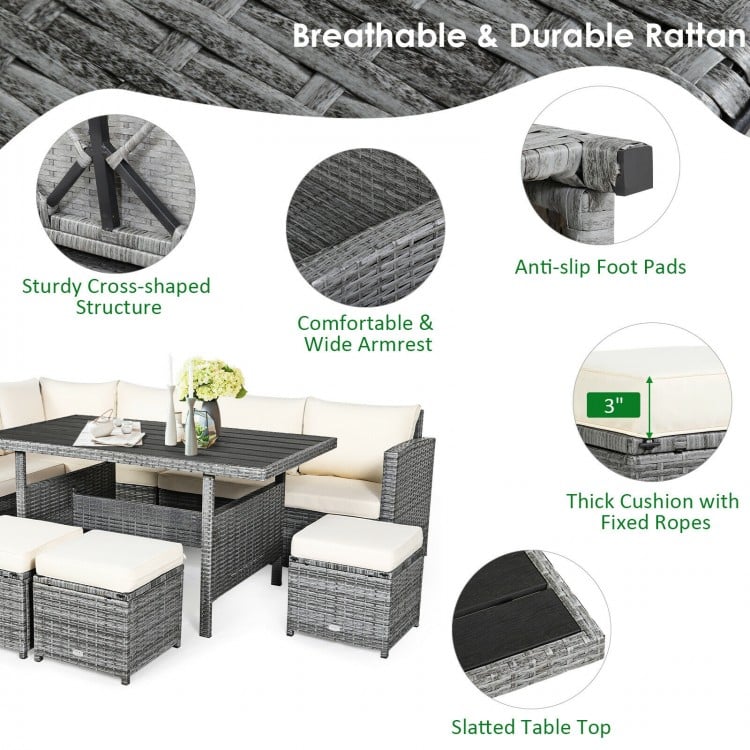 7 Pieces Outdoor Wicker Sectional Sofa Set with Dining Table