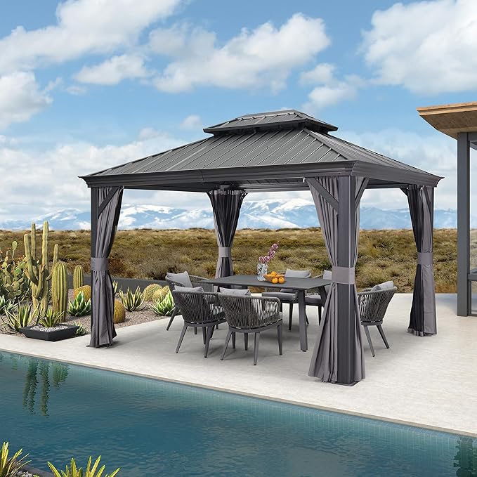 10x12 ft  Aluminium Patio Hardtop Gazebo with Curtain And Net