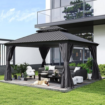 [New 2026] 10x14 ft Outdoor Aluminum Hardtop Gazebo with Galvanized Steel Double Roof Canopy, Curtains and Netting Included