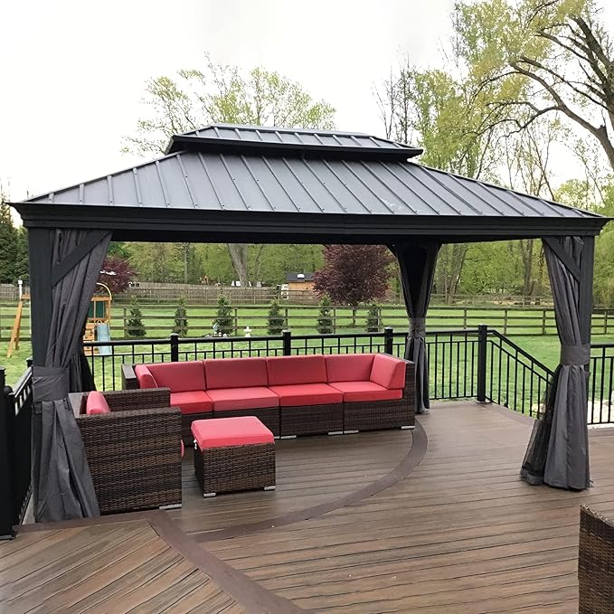 [New 2026] 10x14 ft Outdoor Aluminum Hardtop Gazebo with Galvanized Steel Double Roof Canopy, Curtains and Netting Included