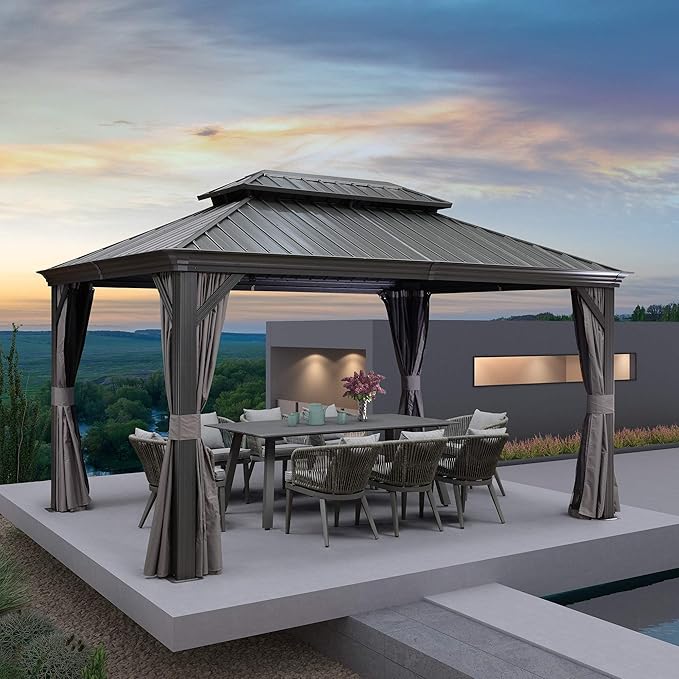 [New 2026] 10x14 ft Outdoor Aluminum Hardtop Gazebo with Galvanized Steel Double Roof Canopy, Curtains and Netting Included