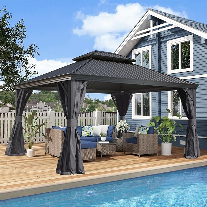 [New 2026] 12x14 ft Outdoor Aluminum Hardtop Gazebo with Galvanized Steel Double Roof Canopy, Outdoor Permanent Metal Pavilion with Curtains and Netting for Patio