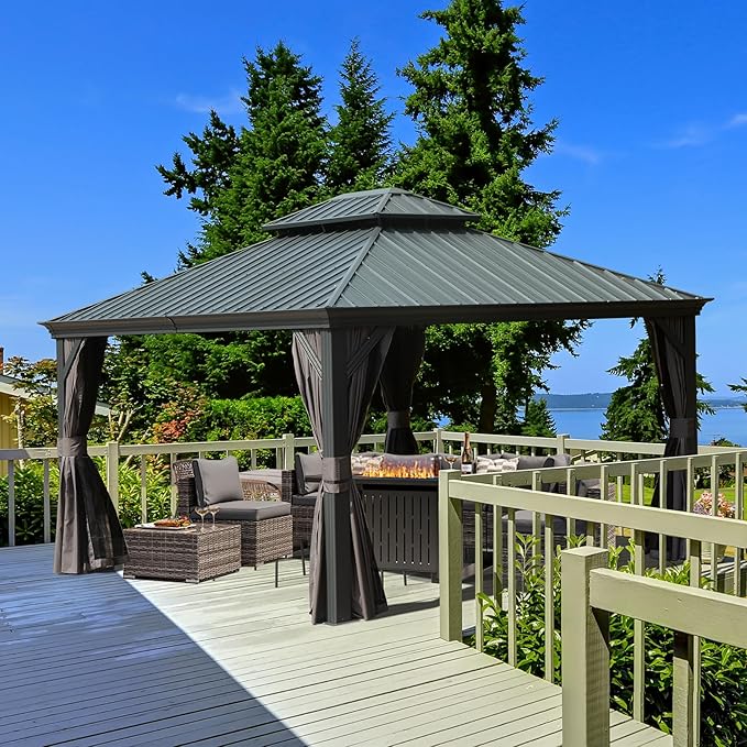 [New 2026] 12x14 ft Outdoor Aluminum Hardtop Gazebo with Galvanized Steel Double Roof Canopy, Outdoor Permanent Metal Pavilion with Curtains and Netting for Patio