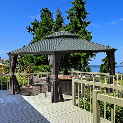 [New 2026] 12x14 ft Outdoor Aluminum Hardtop Gazebo with Galvanized Steel Double Roof Canopy, Outdoor Permanent Metal Pavilion with Curtains and Netting for Patio