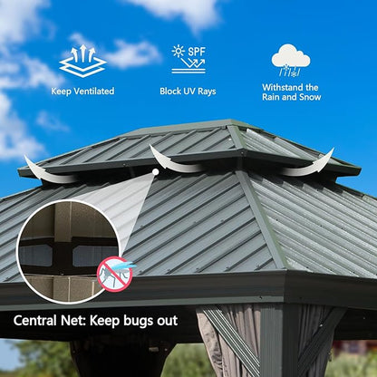 [New 2026] 12x14 ft Outdoor Aluminum Hardtop Gazebo with Galvanized Steel Double Roof Canopy, Outdoor Permanent Metal Pavilion with Curtains and Netting for Patio