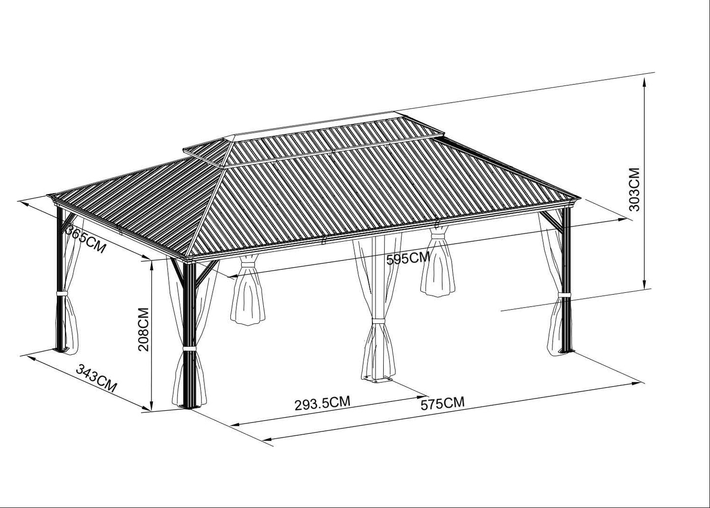 Technical drawing of a tent with dimensions labeled