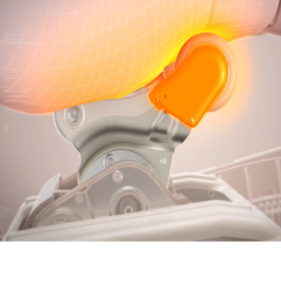 Close-up of a circular saw blade with an orange blade guard on a white background