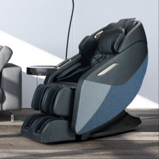Modern massage chair in a room with a gray sofa and lamp.