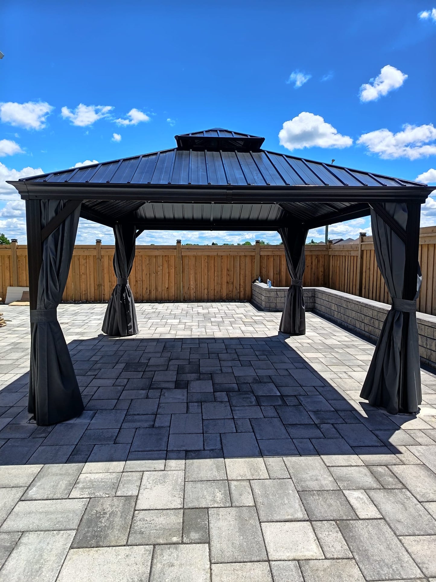 [New 2026] 12x14 ft Outdoor Aluminum Hardtop Gazebo with Galvanized Steel Double Roof Canopy, Outdoor Permanent Metal Pavilion with Curtains and Netting for Patio