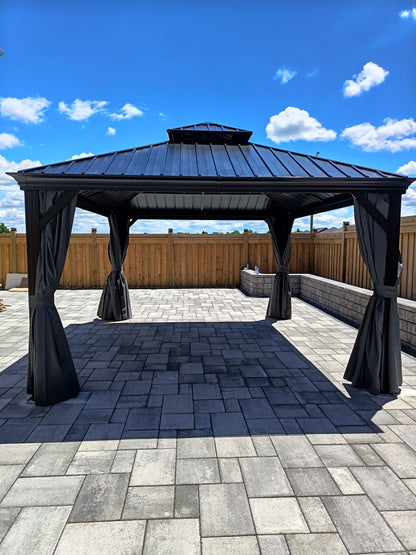 [New 2026] 12x14 ft Outdoor Aluminum Hardtop Gazebo with Galvanized Steel Double Roof Canopy, Outdoor Permanent Metal Pavilion with Curtains and Netting for Patio
