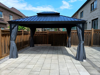 [New 2026] 12x14 ft Outdoor Aluminum Hardtop Gazebo with Galvanized Steel Double Roof Canopy, Outdoor Permanent Metal Pavilion with Curtains and Netting for Patio