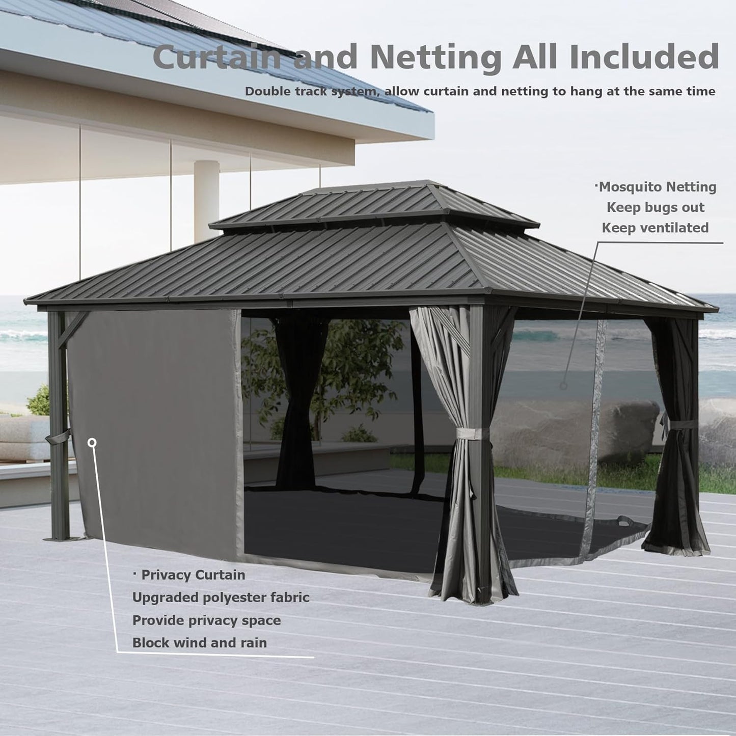[New 2026] 10x14 ft Outdoor Aluminum Hardtop Gazebo with Galvanized Steel Double Roof Canopy, Curtains and Netting Included
