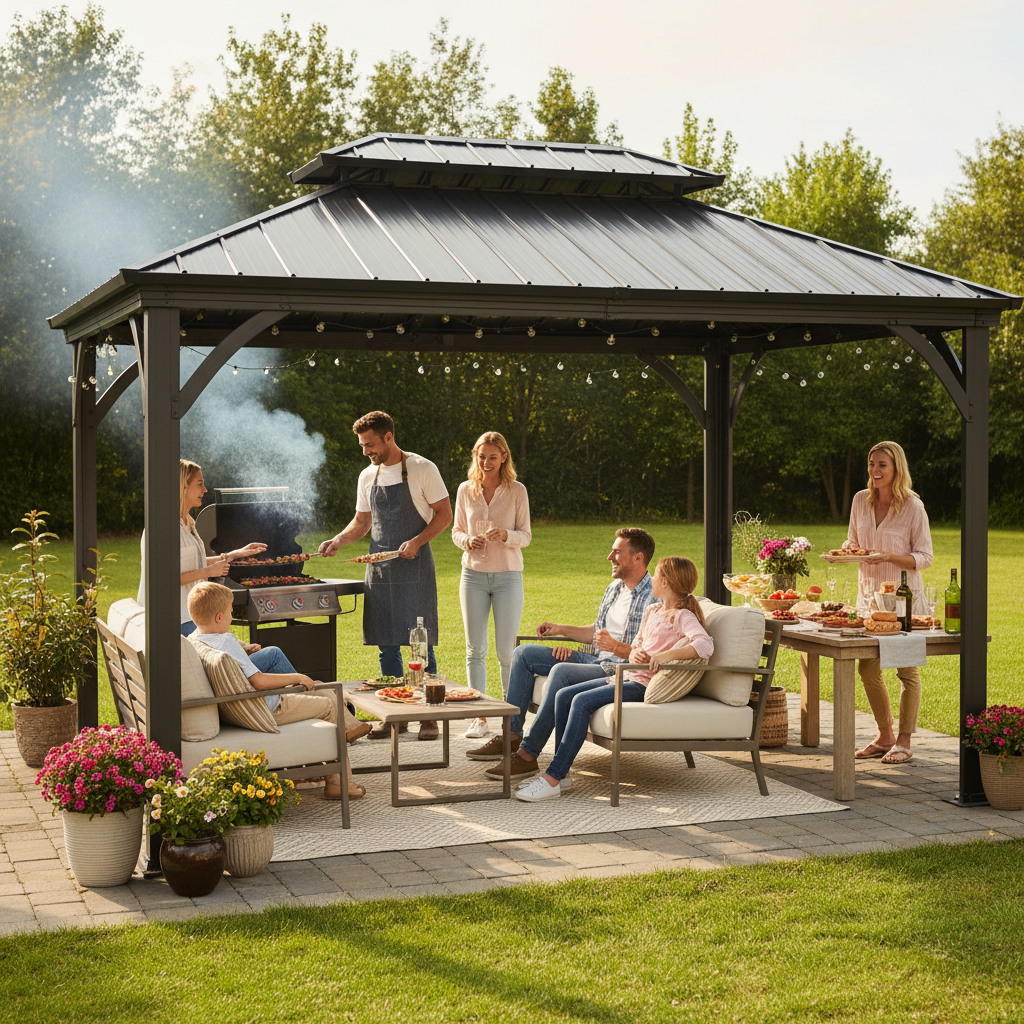 family's having a barbeque party under the gazebo. the gazebo is aluminum frame hard top double roof sturdy gazebo. people are also seating on the outdoor sofa under the gazebo. the photo size should be square