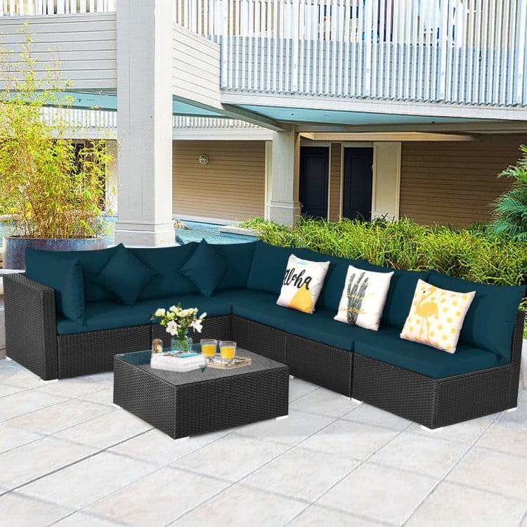 7 Pieces Sectional Wicker Furniture Sofa Set with Tempered Glass Top Coffee Table
