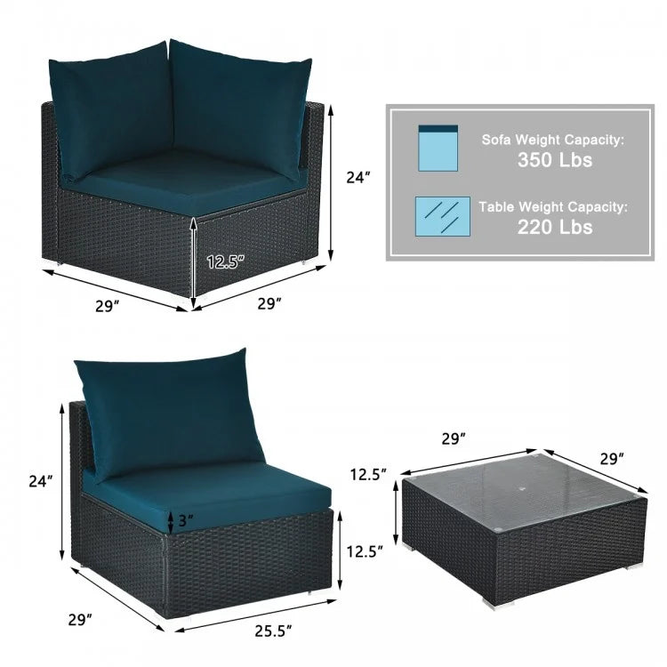 7 Pieces Sectional Wicker Furniture Sofa Set with Tempered Glass Top Coffee Table